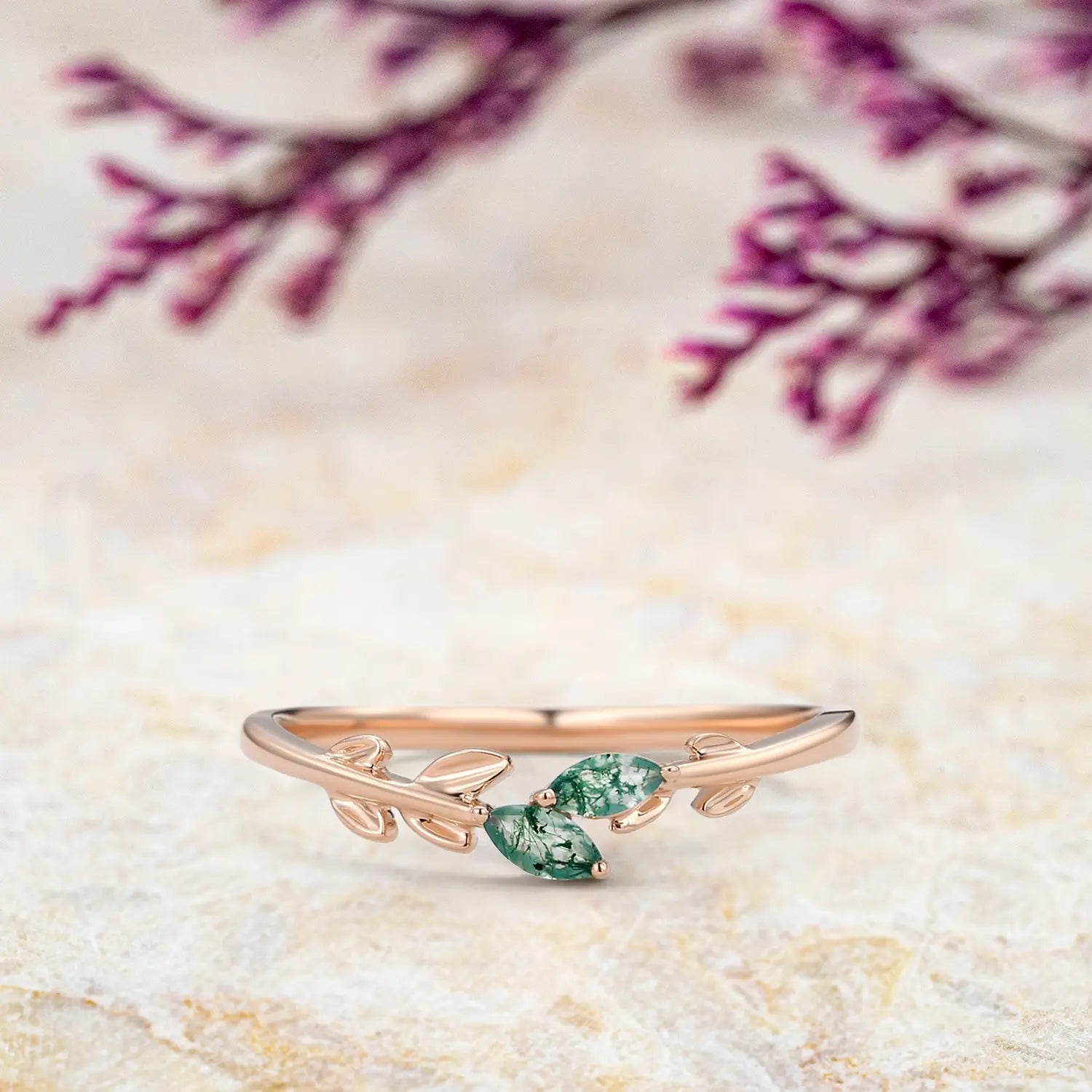 Moss Agate Leafy Matching Wedding Band in Yellow Gold-rose gold