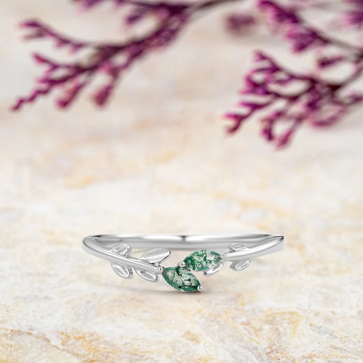 Moss Agate Leafy Matching Wedding Band in white gold