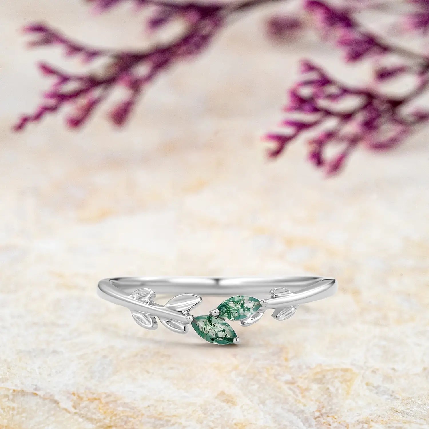 Moss Agate Leafy Matching Wedding Band in white gold