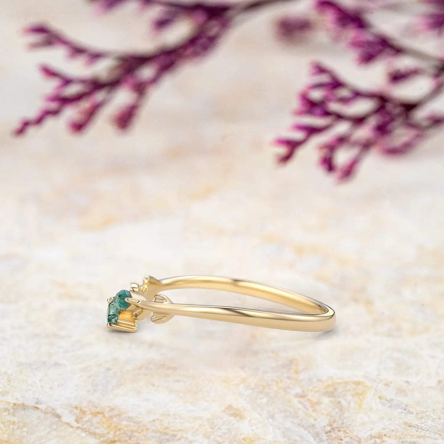 Moss Agate Leafy Matching Wedding Band in Yellow Gold