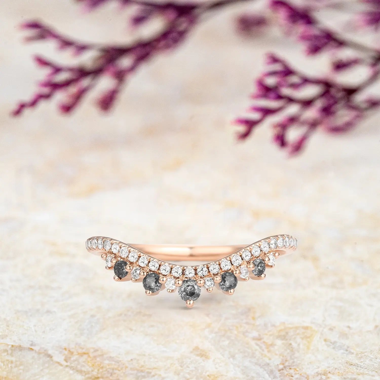 Salt and Pepper Diamond Chevron Wedding Band in 18k Gold Stackable Gold Matching Bands