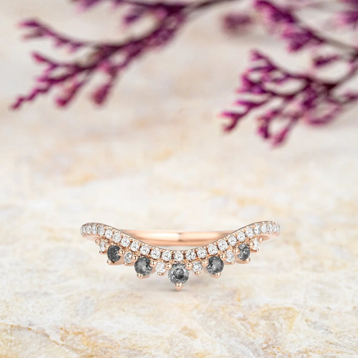 Salt and Pepper Diamond Chevron Wedding Band in 18k Gold Stackable Gold Matching Bands