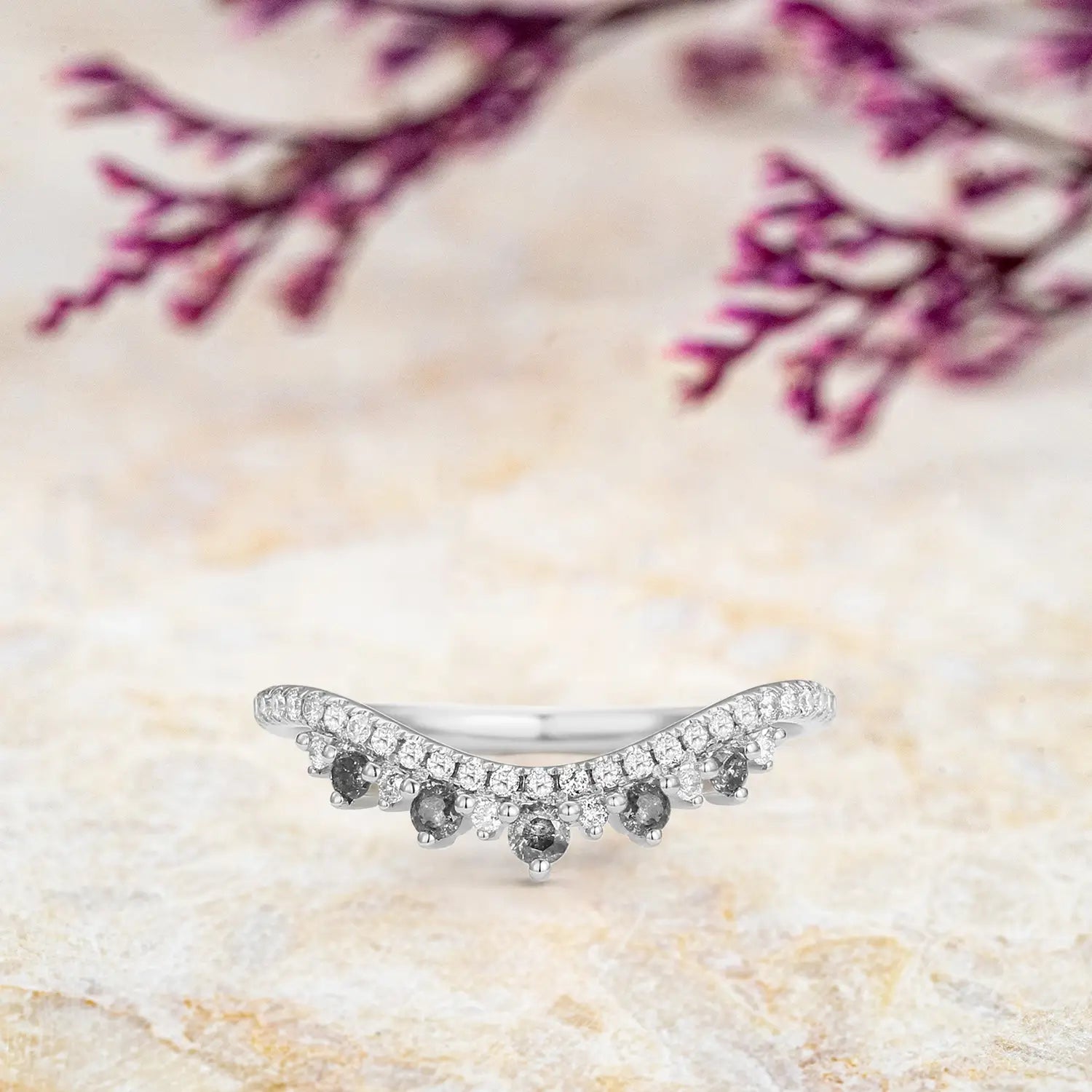 Salt and Pepper Diamond Chevron Wedding Band in 18k Gold Stackable Gold Matching Bands