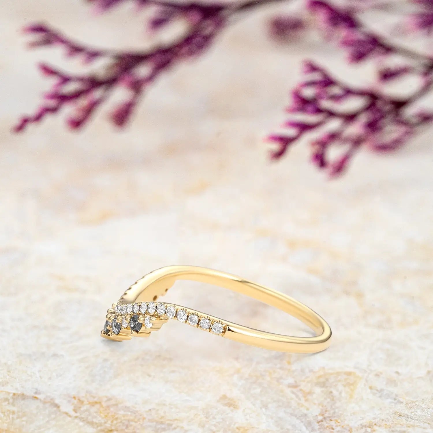Salt and Pepper Diamond Chevron Wedding Band in 18k Gold Stackable Gold Matching Bands