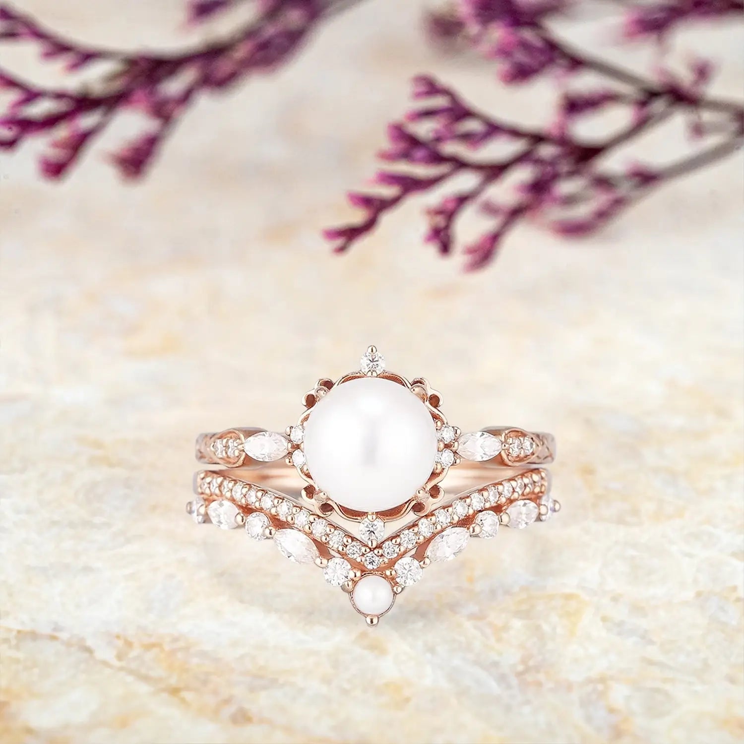 Vintage Pearl Engagement Ring Set – Akoya Pearl & Moissanite Art Deco Wedding Rings