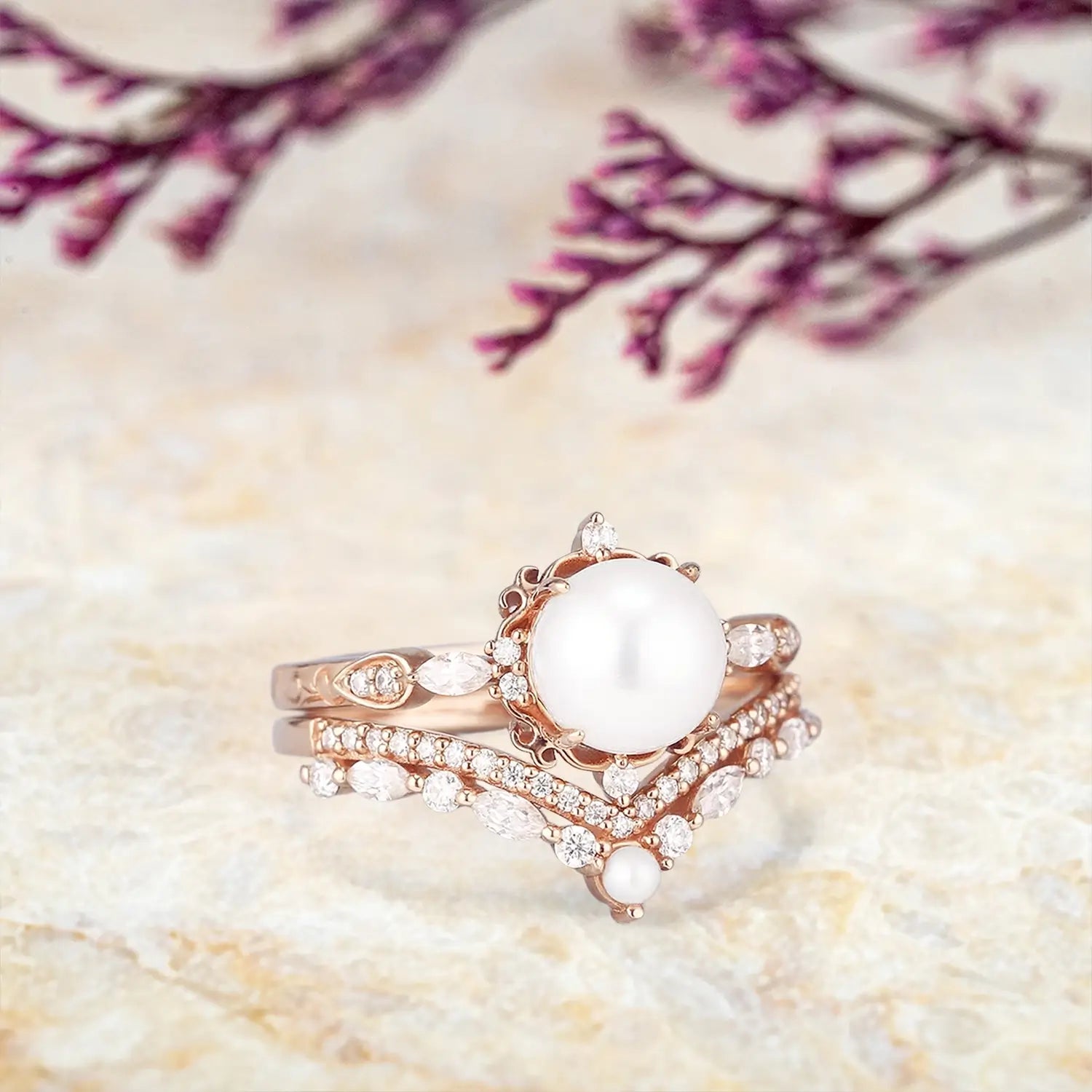 Vintage Pearl Engagement Ring Set – Akoya Pearl & Moissanite Art Deco Wedding Rings