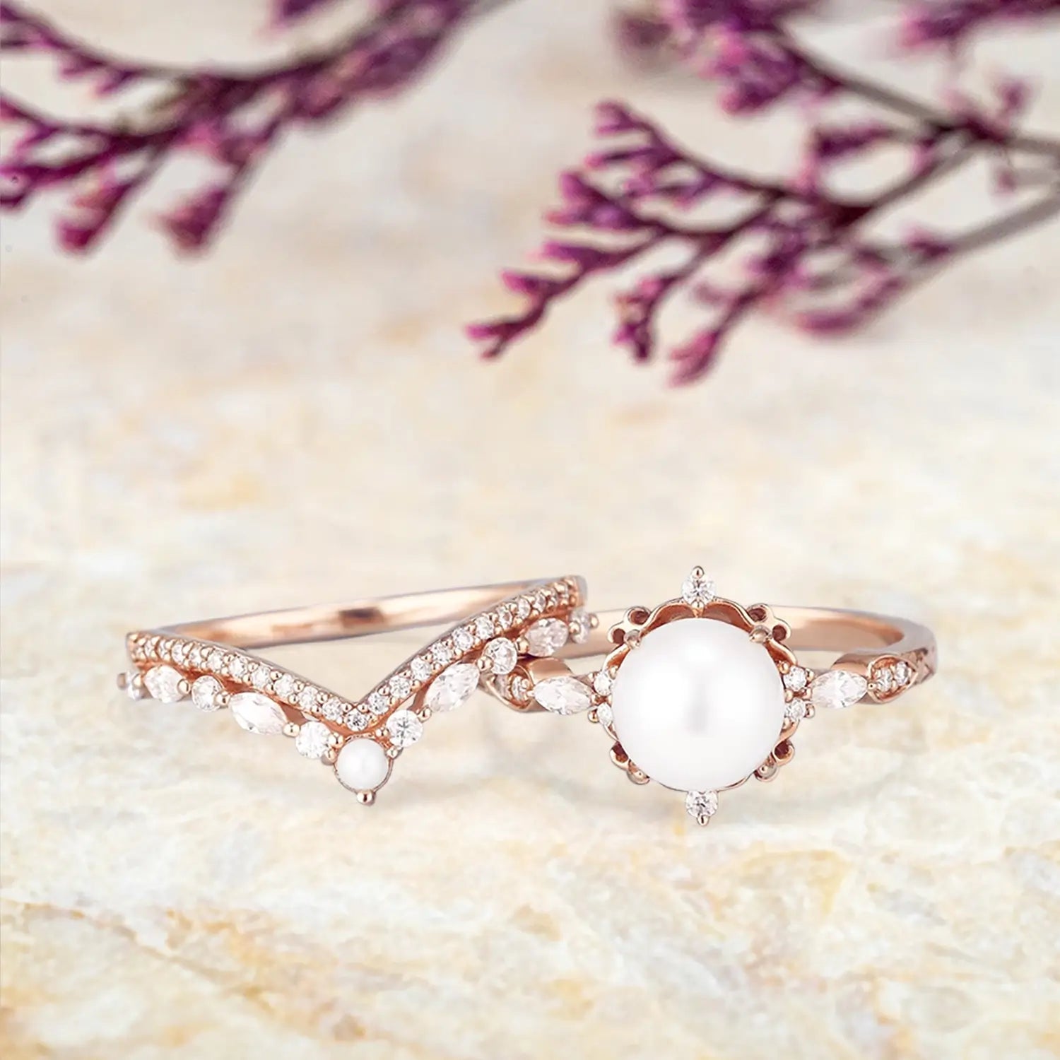 Vintage Pearl Engagement Ring Set – Akoya Pearl & Moissanite Art Deco Wedding Rings