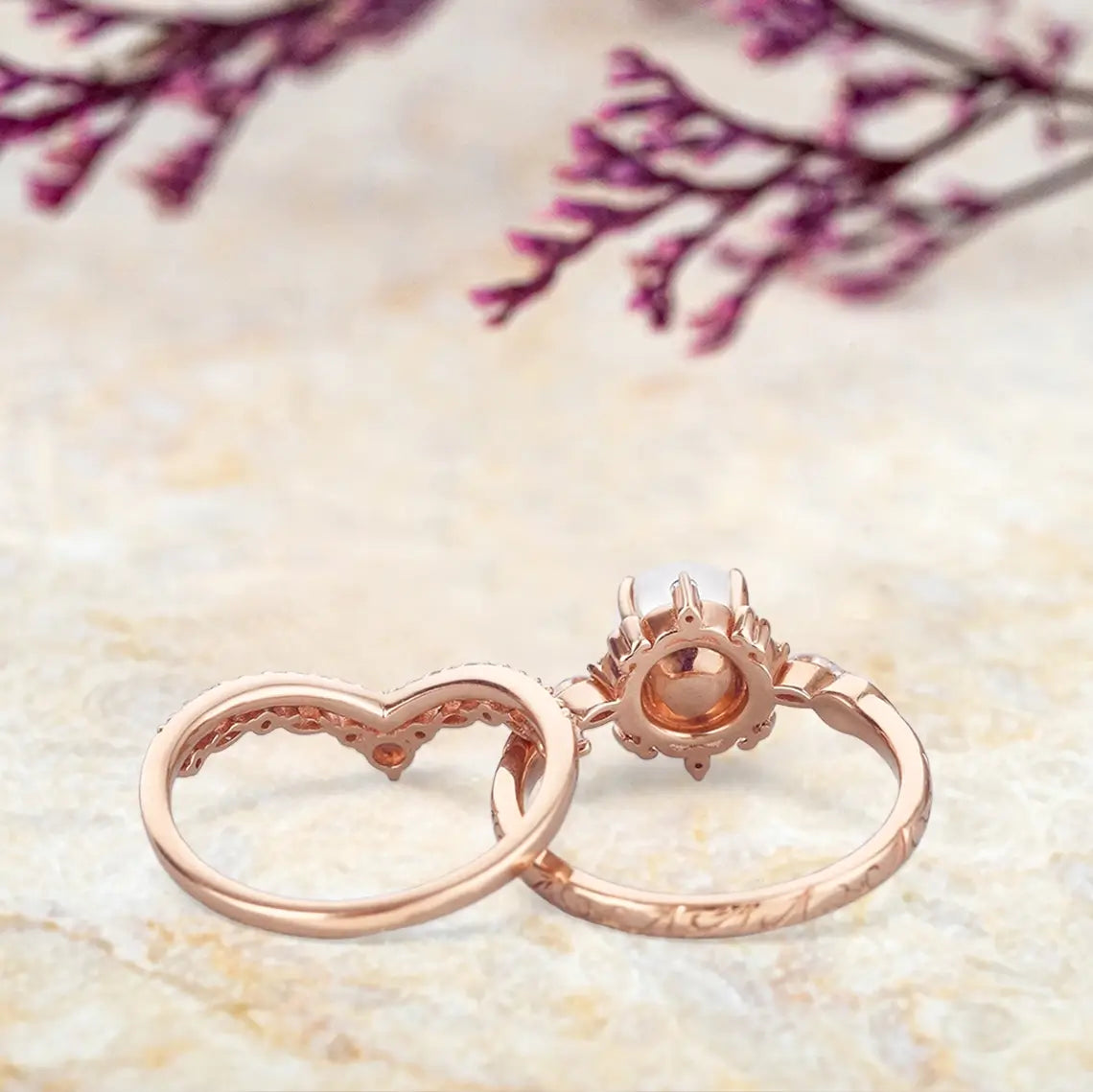 Vintage Pearl Engagement Ring Set – Akoya Pearl & Moissanite Art Deco Wedding Rings