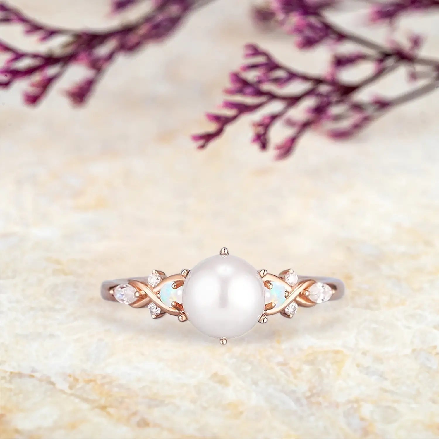 Art Deco Akoya Pearl & Opal Engagement Ring in Solid Gold june birthstone ring for laides promise gift