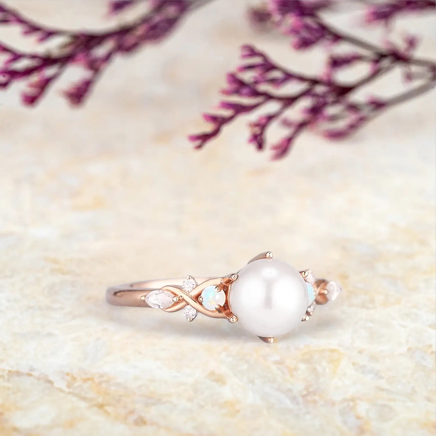 Art Deco Akoya Pearl & Opal Engagement Ring in Solid Gold june birthstone ring for laides promise gift