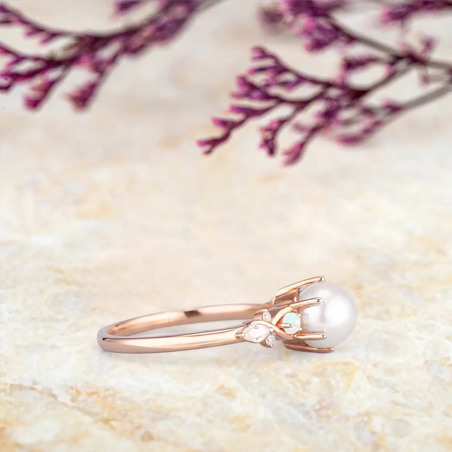 Art Deco Akoya Pearl & Opal Engagement Ring in Solid Gold june birthstone ring for laides promise gift