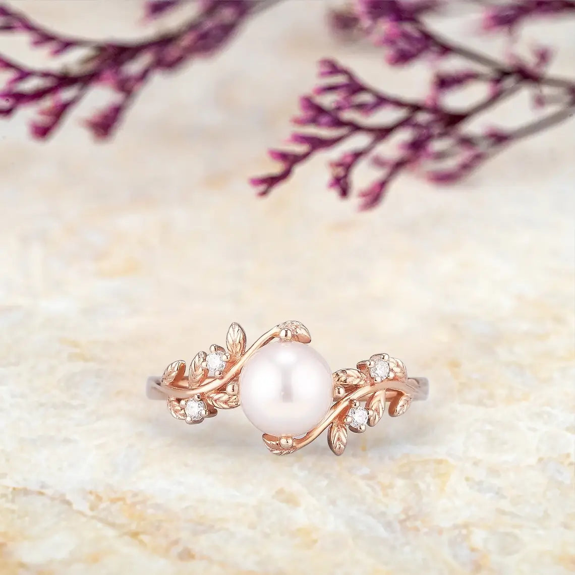 Art Deco Akoya Pearl Engagement Ring in 14K Gold Leaf Rings | orleone