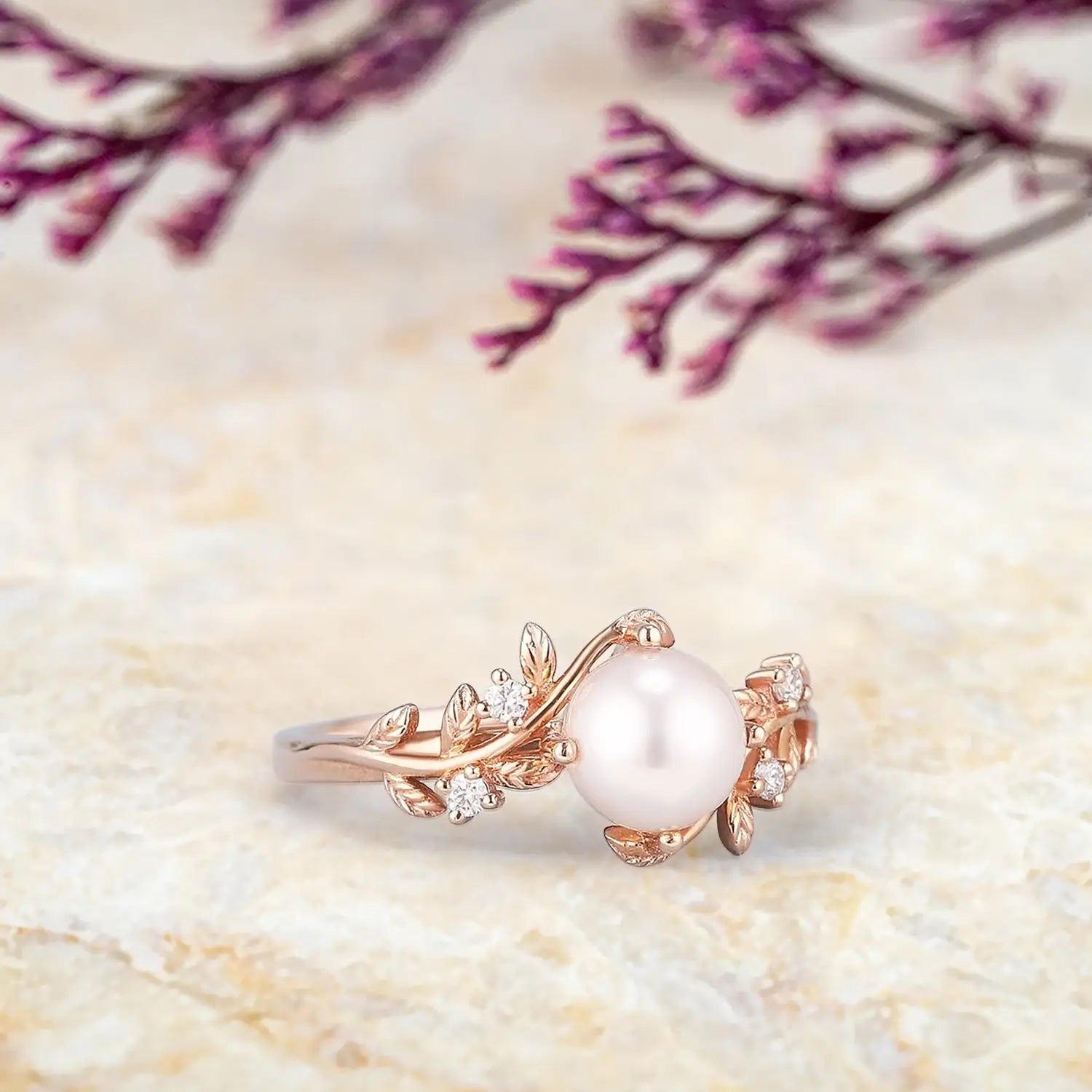 Art Deco Akoya Pearl Engagement Ring in 14K Gold Leaf Rings anniversary gift for ladies promise gift