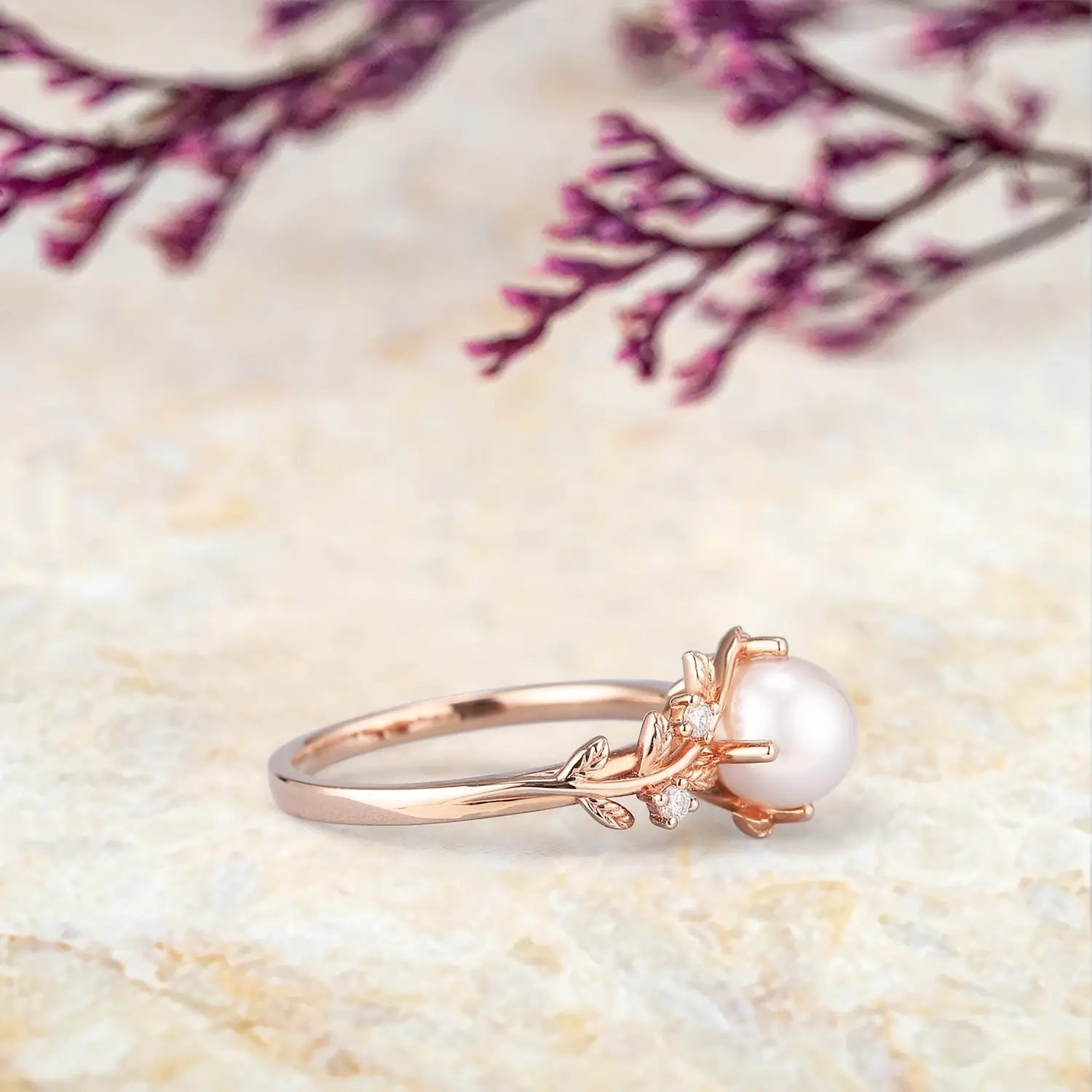 Art Deco Akoya Pearl Engagement Ring in 14K Gold Leaf Rings anniversary gift for ladies promise gift