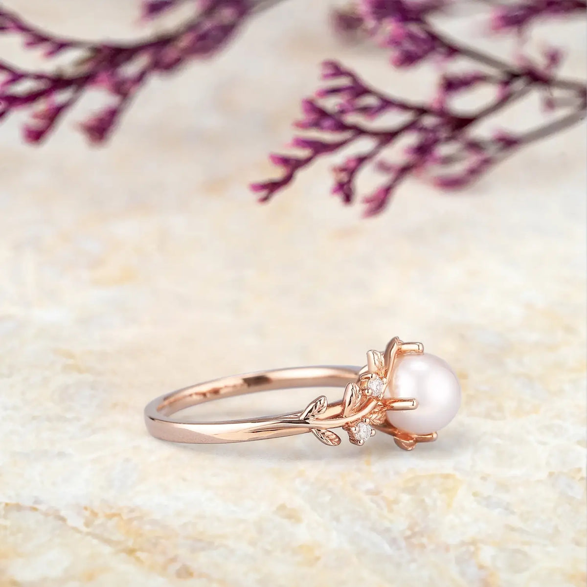 Art Deco Akoya Pearl Engagement Ring in 14K Gold Leaf Rings anniversary gift for ladies promise gift
