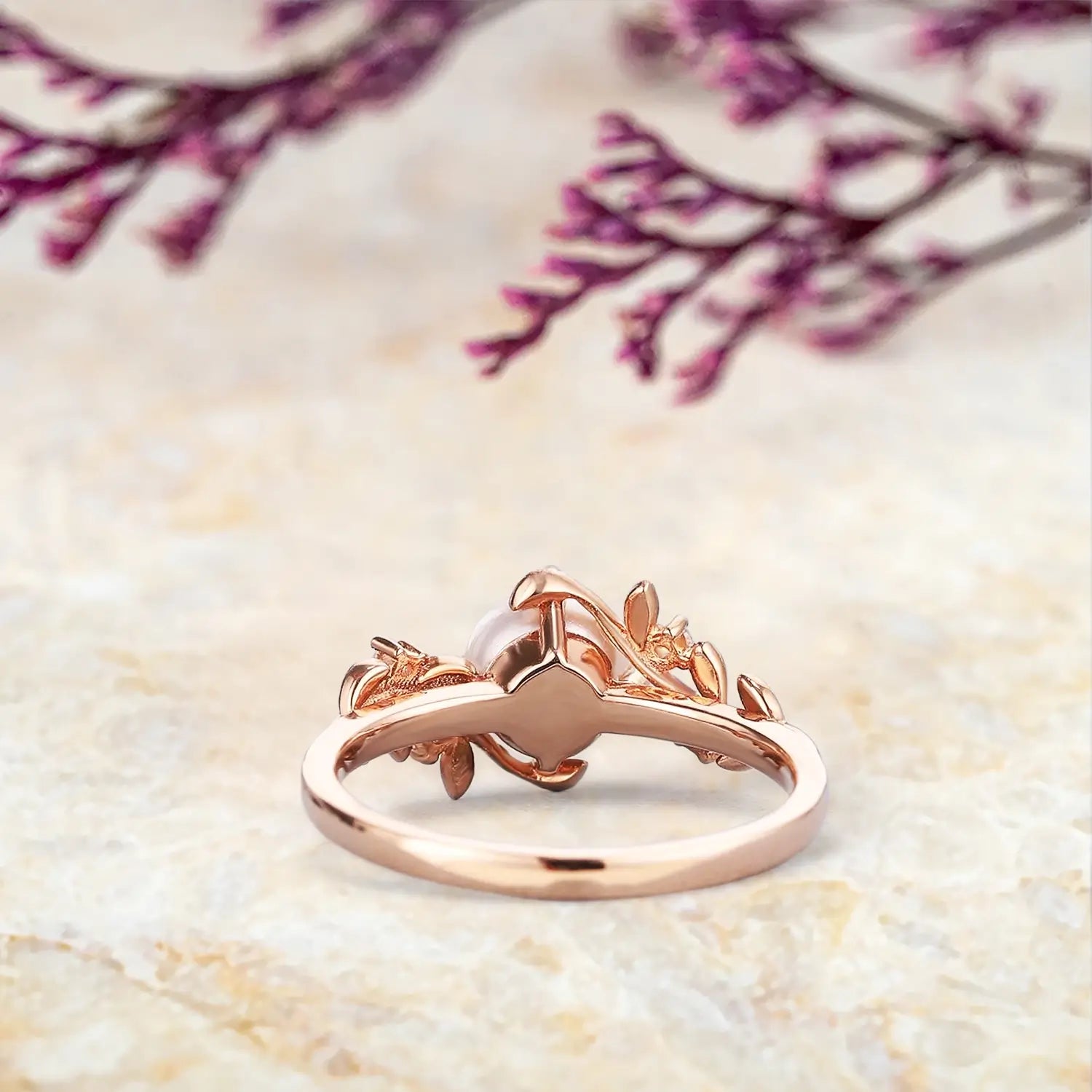 Art Deco Akoya Pearl Engagement Ring in 14K Gold Leaf Rings anniversary gift for ladies promise gift