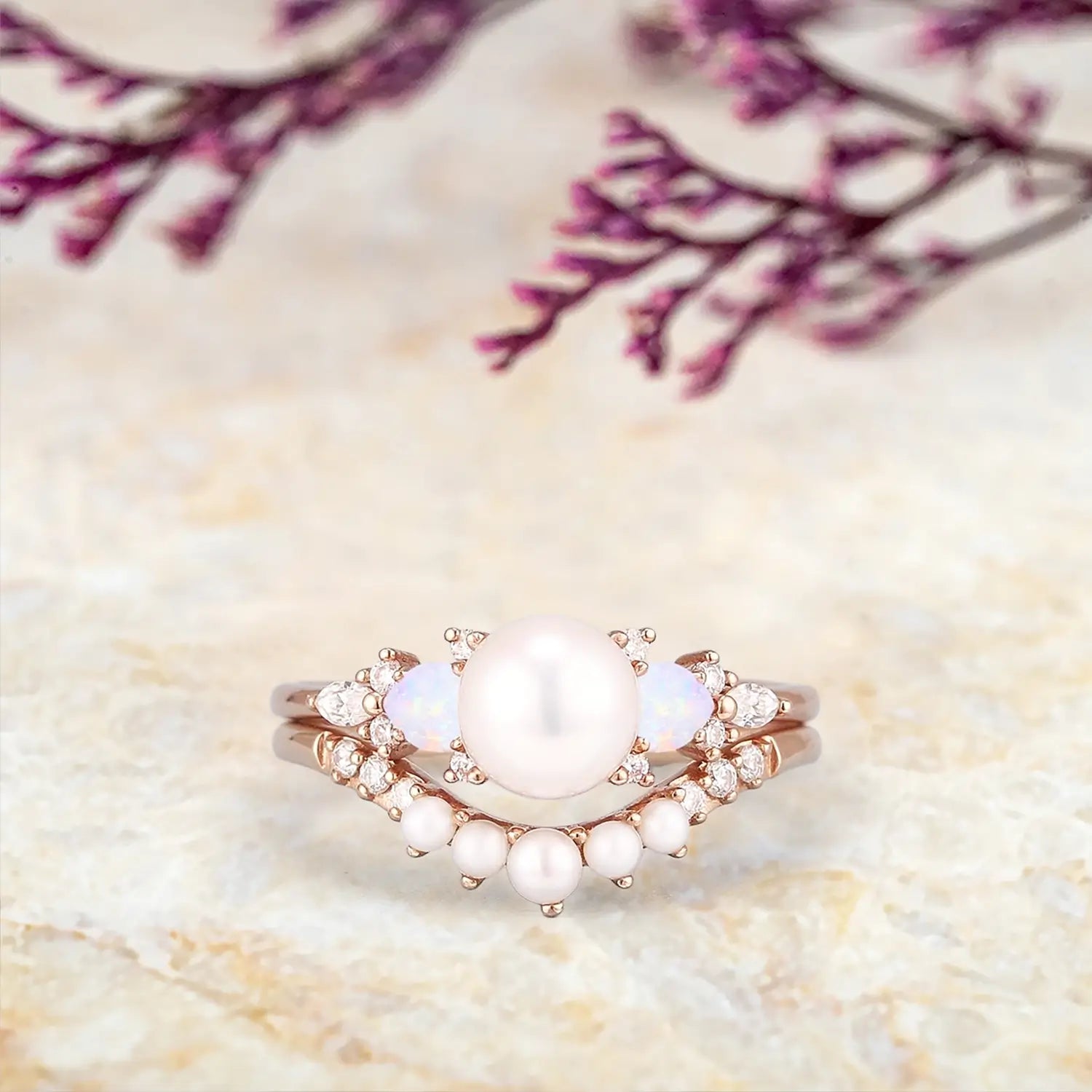 Akoya Pearl & Opal Engagement Ring Set | Art Deco Curved Wedding Band