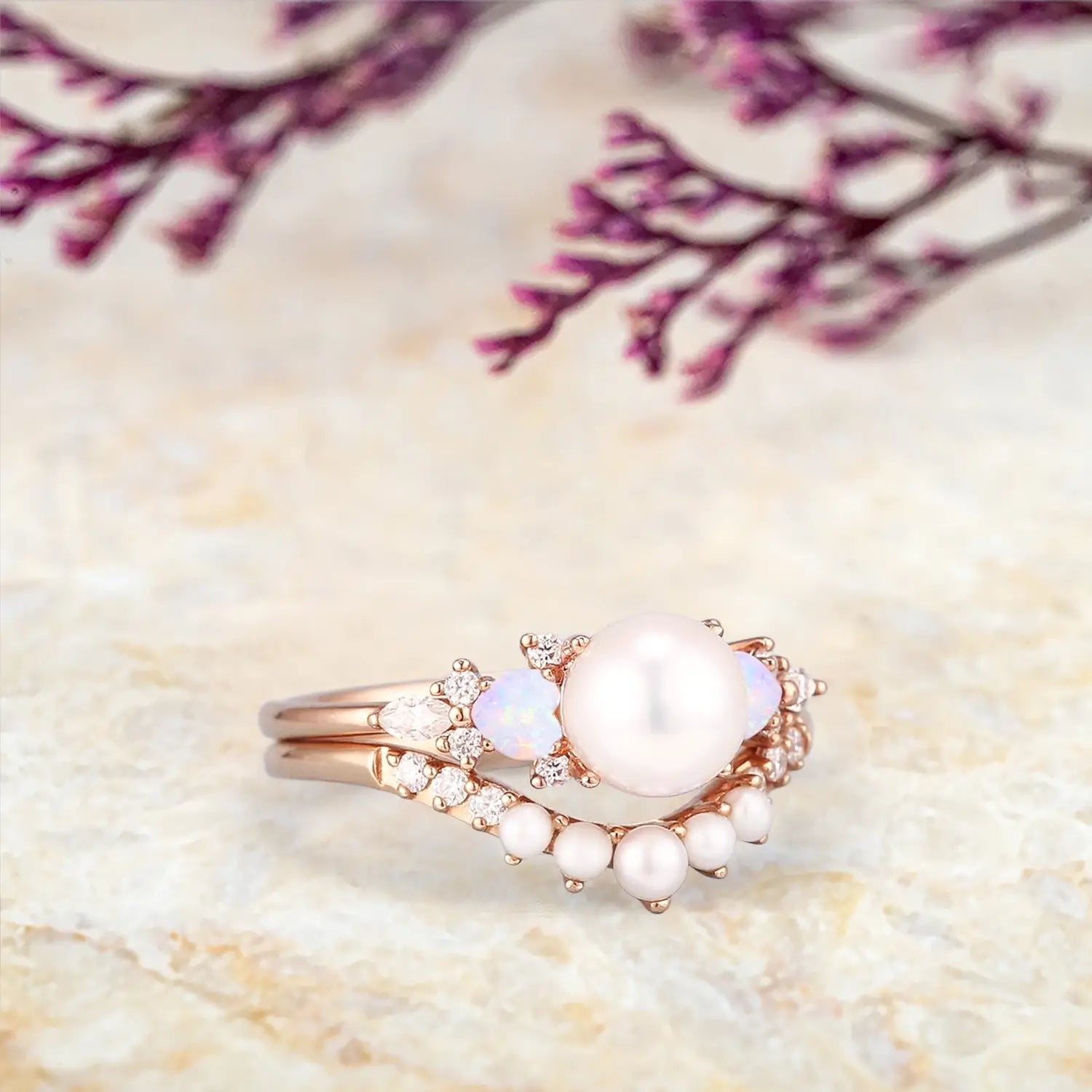 Akoya Pearl & Opal Engagement Ring Set | Art Deco Curved Wedding Band for women anniversary gift