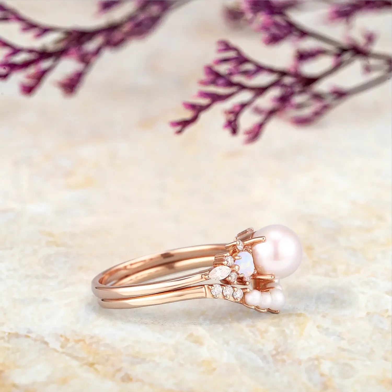 Akoya Pearl & Opal Engagement Ring Set | Art Deco Curved Wedding Band for women anniversary gift