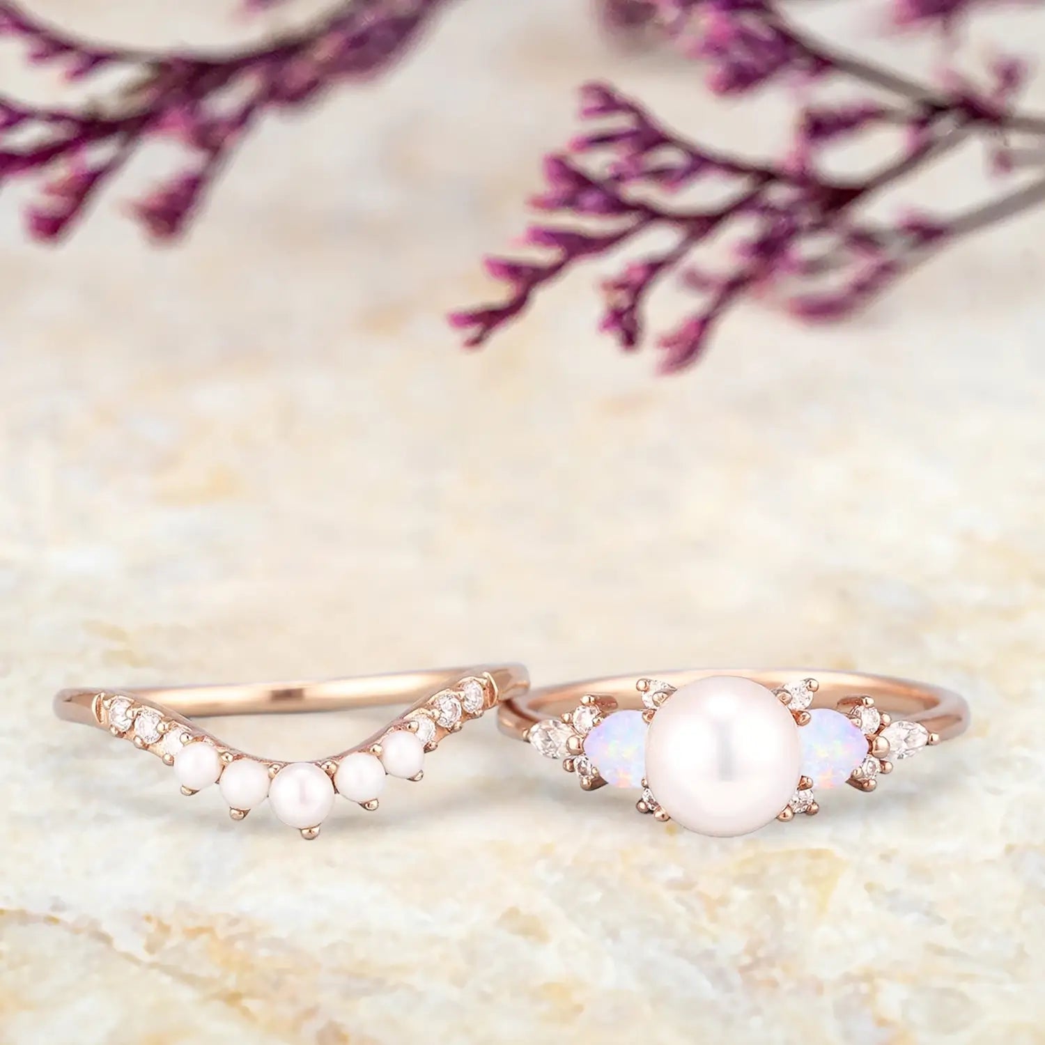 Akoya Pearl & Opal Engagement Ring Set | Art Deco Curved Wedding Band for women anniversary gift