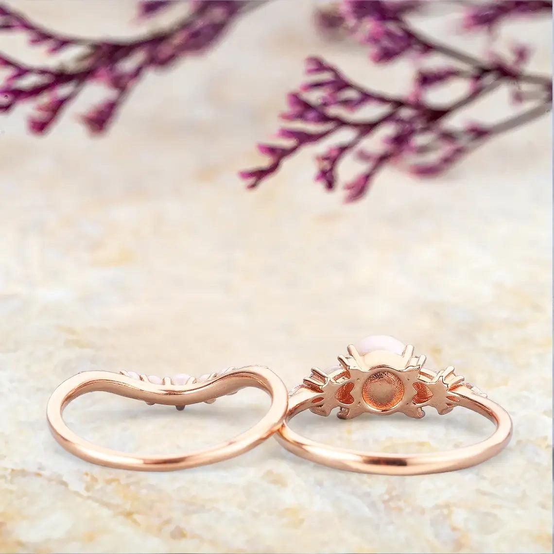 Akoya Pearl & Opal Engagement Ring Set | Art Deco Curved Wedding Band for women anniversary gift