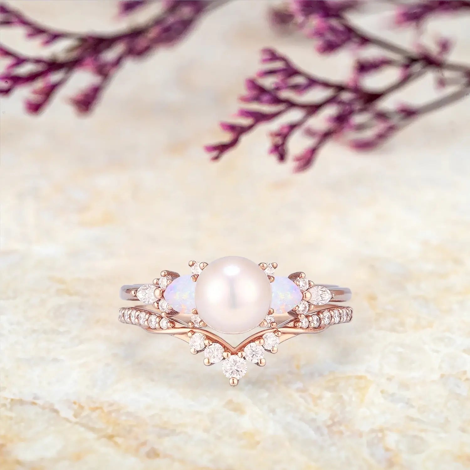 Vintage Akoya Pearl & Heart Opal Engagement Ring Set in Solid Gold