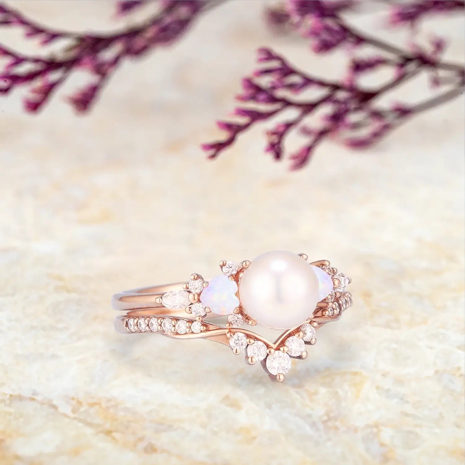 Vintage Akoya Pearl & Heart Opal Engagement Ring Set in Solid Gold