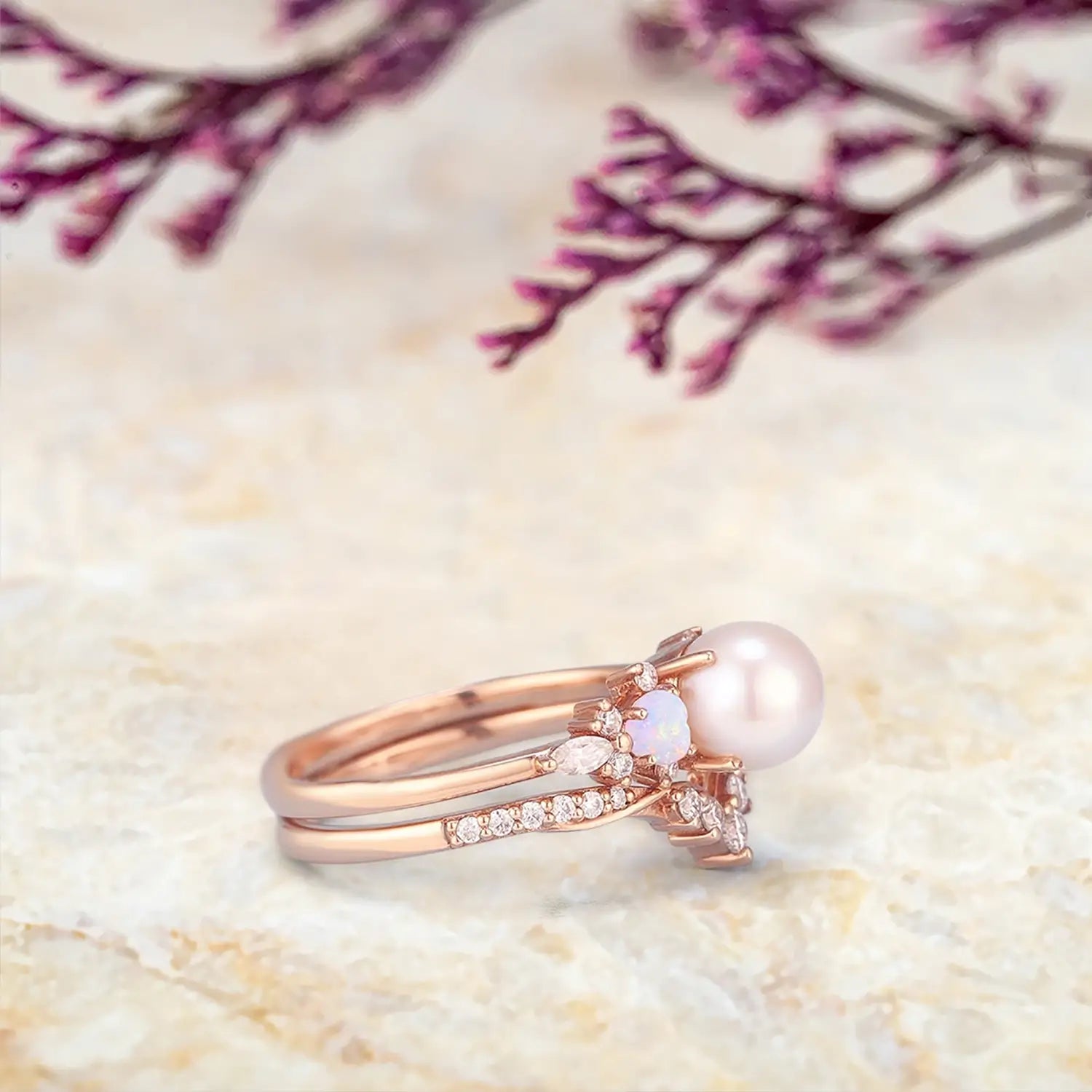 Vintage Akoya Pearl & Heart Opal Engagement Ring Set in Solid Gold