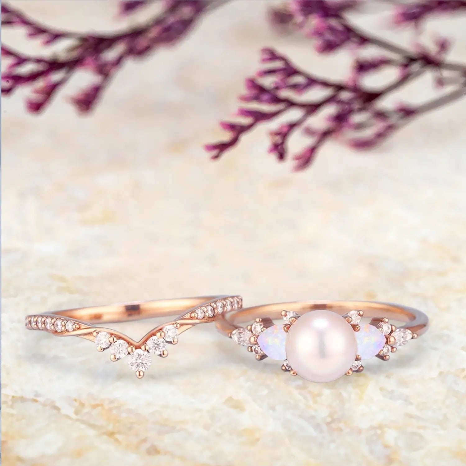 Vintage Akoya Pearl & Heart Opal Engagement Ring Set in Solid Gold