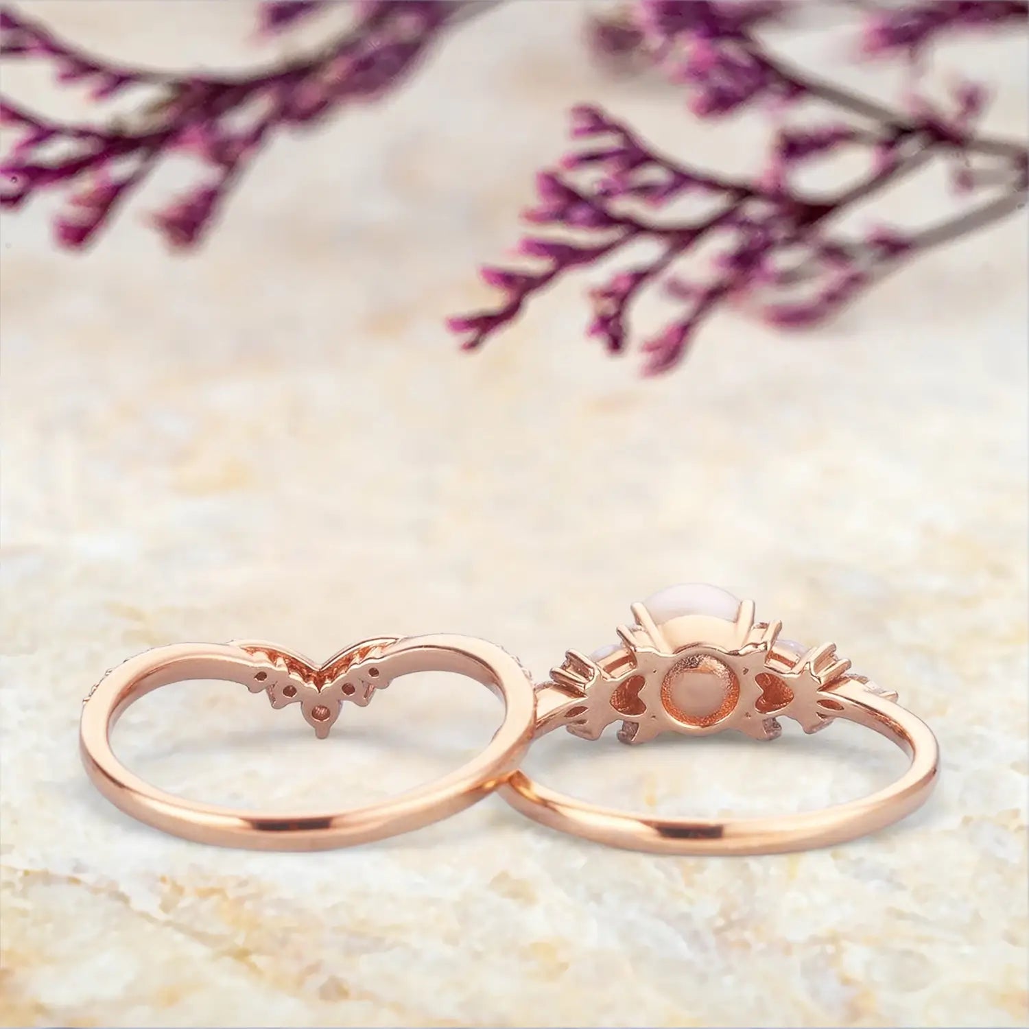 Vintage Akoya Pearl & Heart Opal Engagement Ring Set in Solid Gold