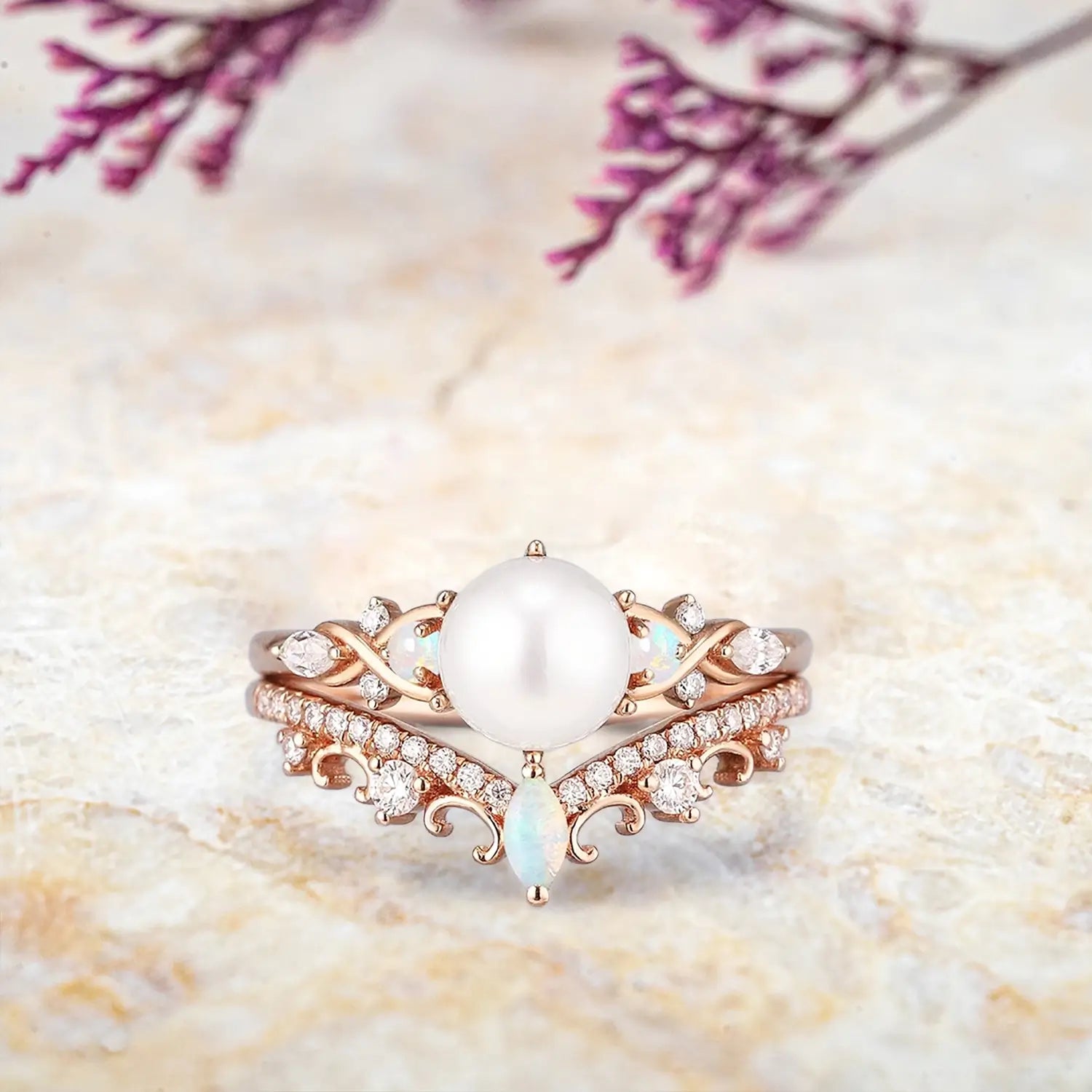 Vintage Pearl Engagement Ring Set with Opal – Art Deco Bridal Ring Set in Gold