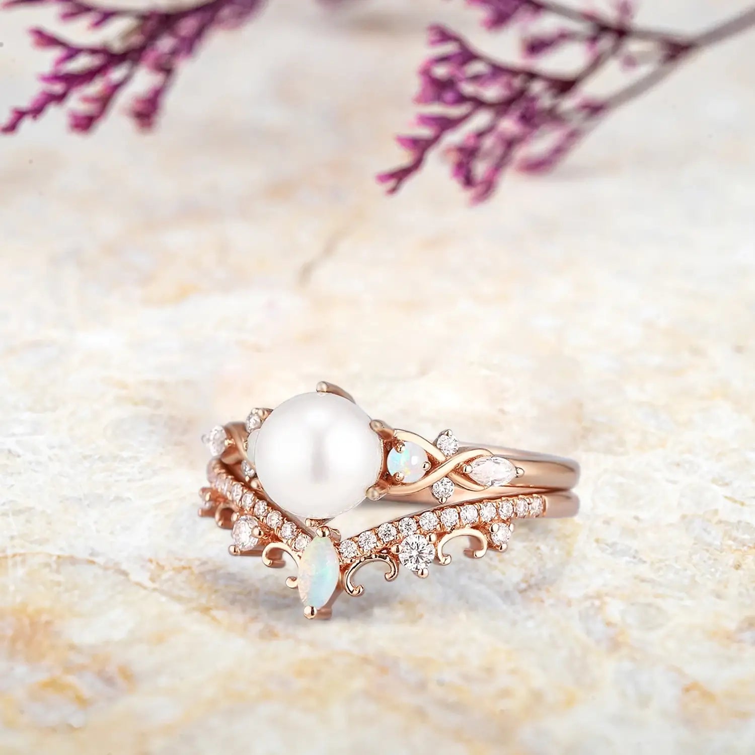 Vintage Pearl Engagement Ring Set with Opal – Art Deco Bridal Ring Set in Gold