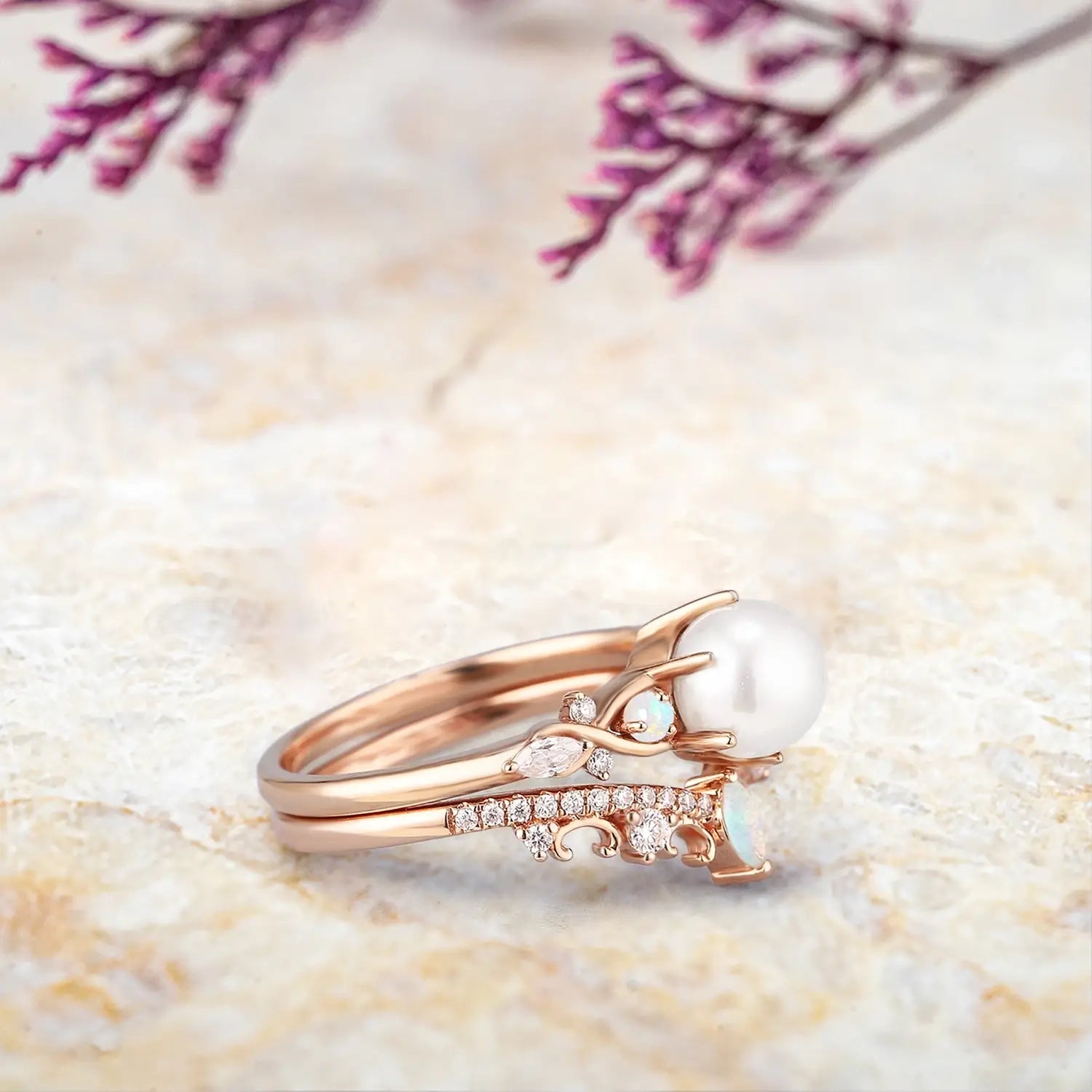 Vintage Pearl Engagement Ring Set with Opal – Art Deco Bridal Ring Set in Gold