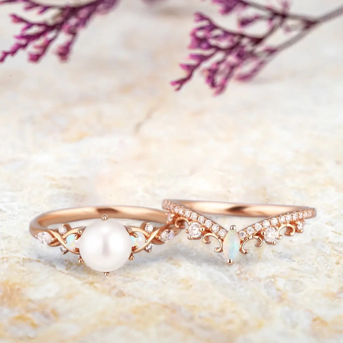 Vintage Pearl Engagement Ring Set with Opal – Art Deco Bridal Ring Set in Gold