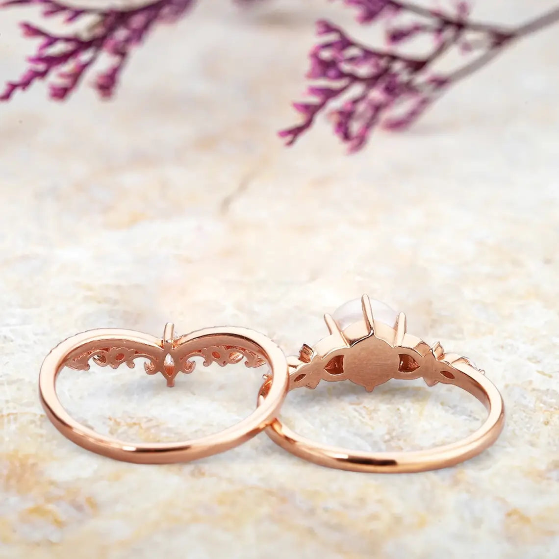 Vintage Pearl Engagement Ring Set with Opal – Art Deco Bridal Ring Set in Gold