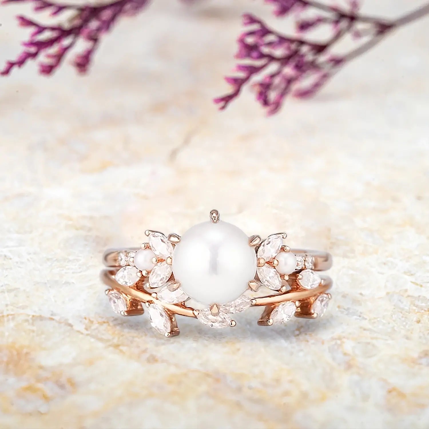 Nature Inspired Pearl Engagement Ring Set – Unique Leaf Wedding