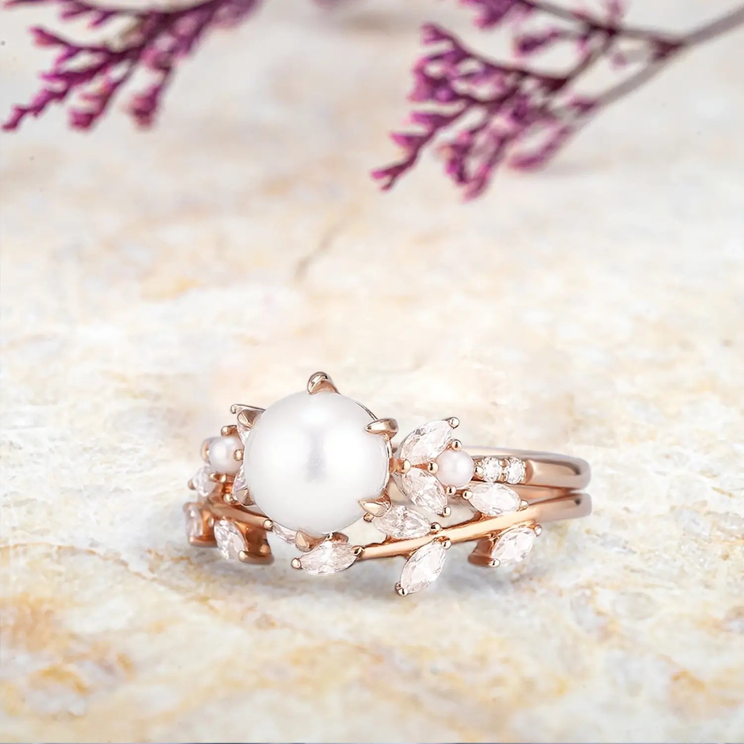 Nature Inspired Akoya Pearl & Moissanite Leaf Engagement Ring Set - flower rings