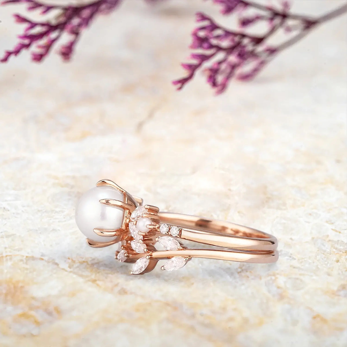 Nature Inspired Akoya Pearl & Moissanite Leaf Engagement Ring Set - flower rings