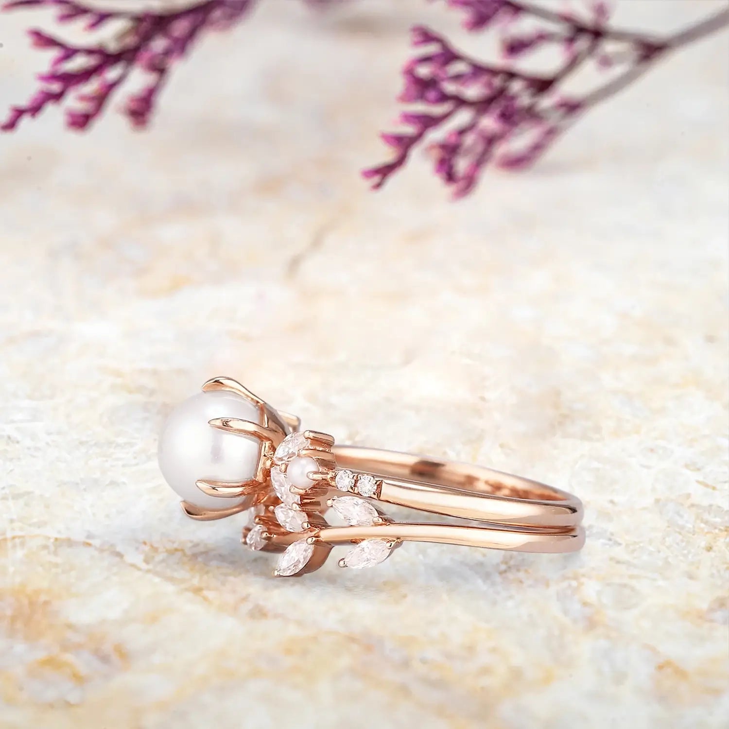Nature Inspired Akoya Pearl & Moissanite Leaf Engagement Ring Set - flower rings