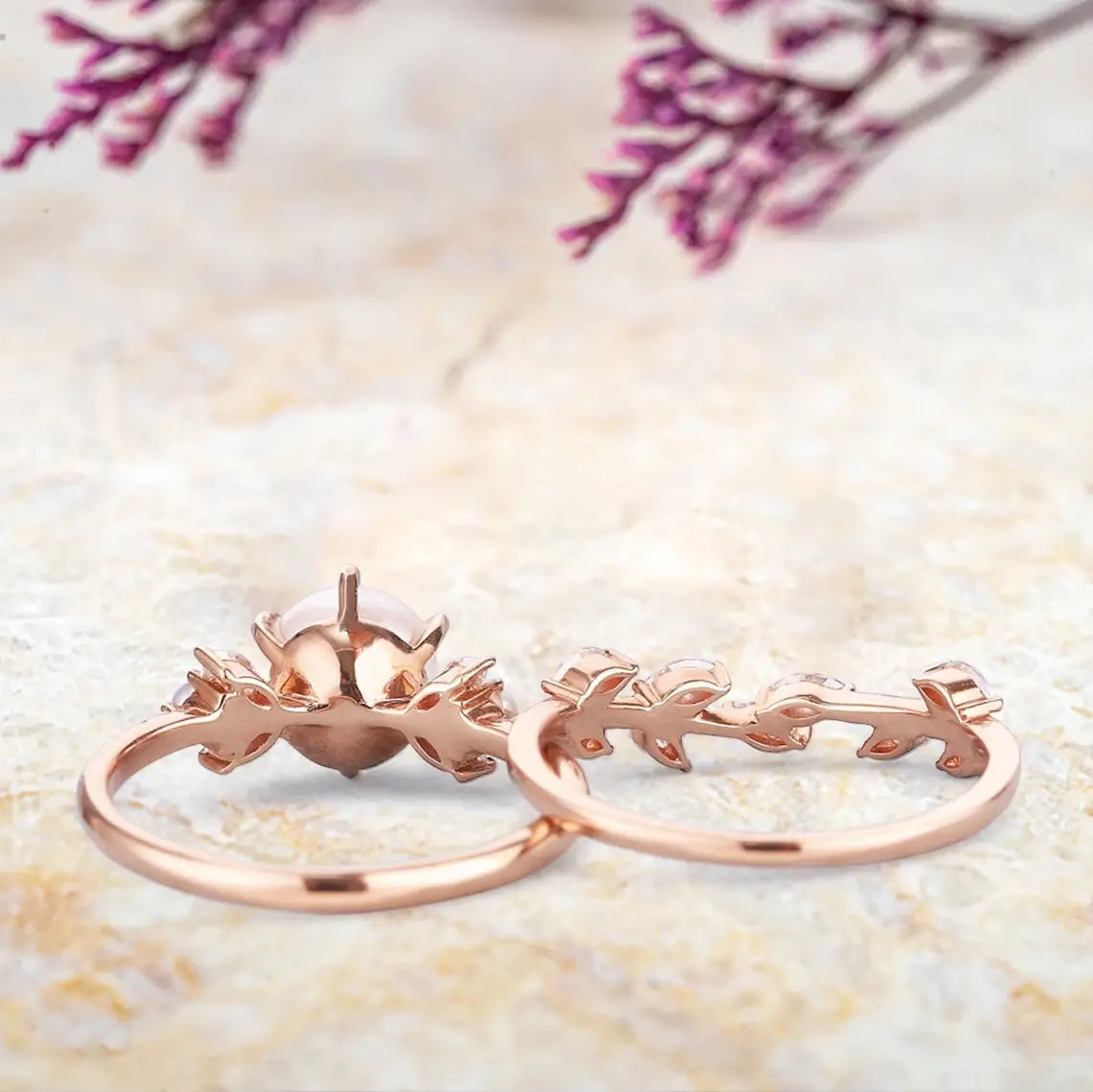 Nature Inspired Akoya Pearl & Moissanite Leaf Engagement Ring Set - flower rings