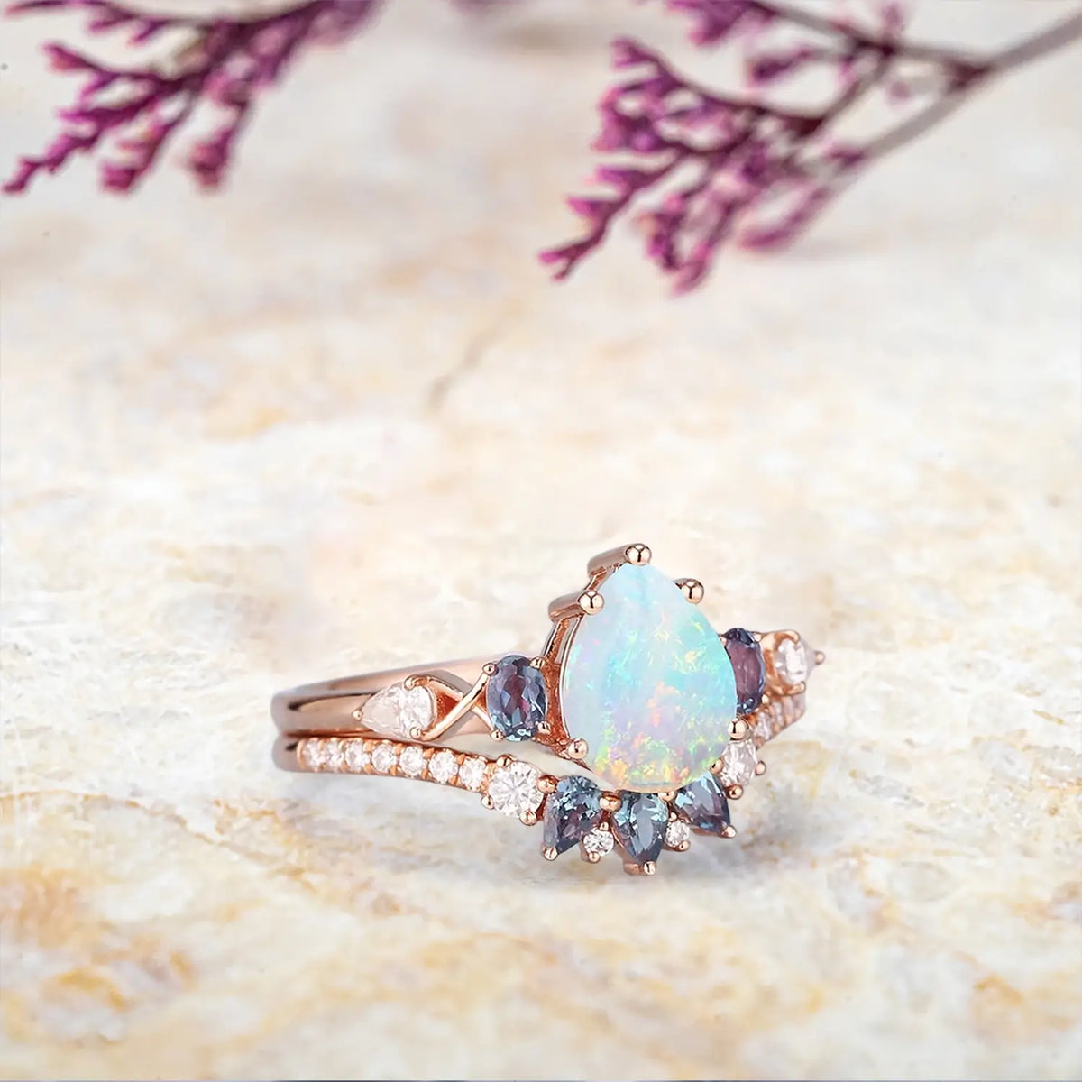 Natural Opal Engagement Ring Set with Alexandrite – Unique Art Deco Wedding Rings for Women - Pear cut gemstone
