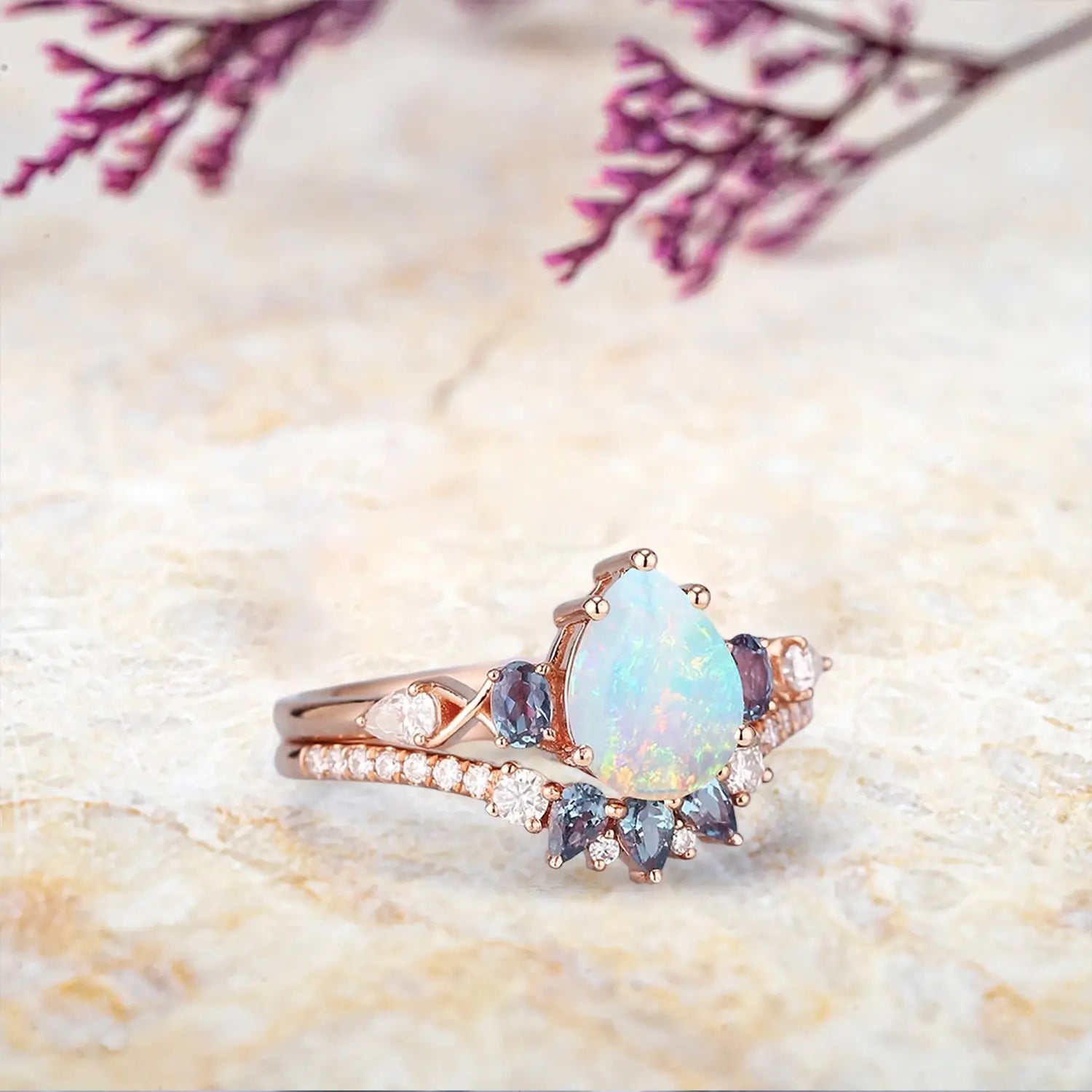 Natural Opal Engagement Ring Set with Alexandrite – Unique Art Deco Wedding Rings for Women - Pear cut gemstone