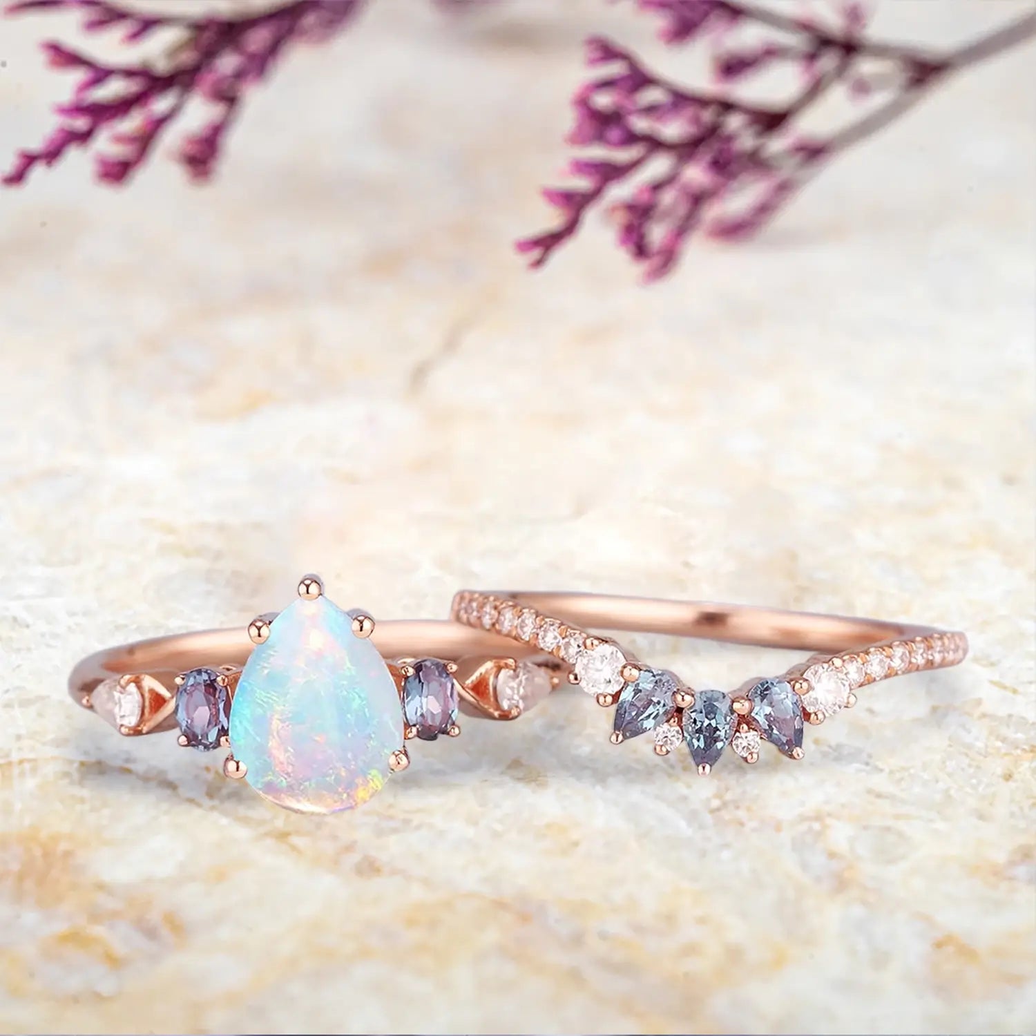 Natural Opal Engagement Ring Set with Alexandrite – Unique Art Deco Wedding Rings for Women - Pear cut gemstone