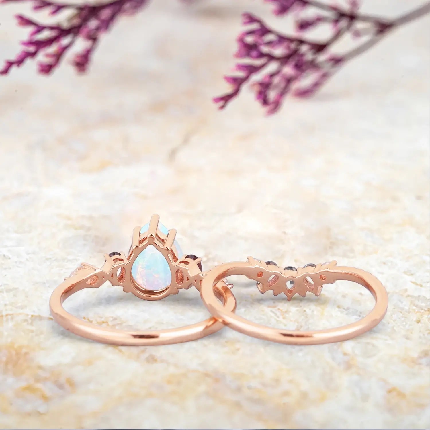 Natural Opal Engagement Ring Set with Alexandrite – Unique Art Deco Wedding Rings for Women - Pear cut gemstone