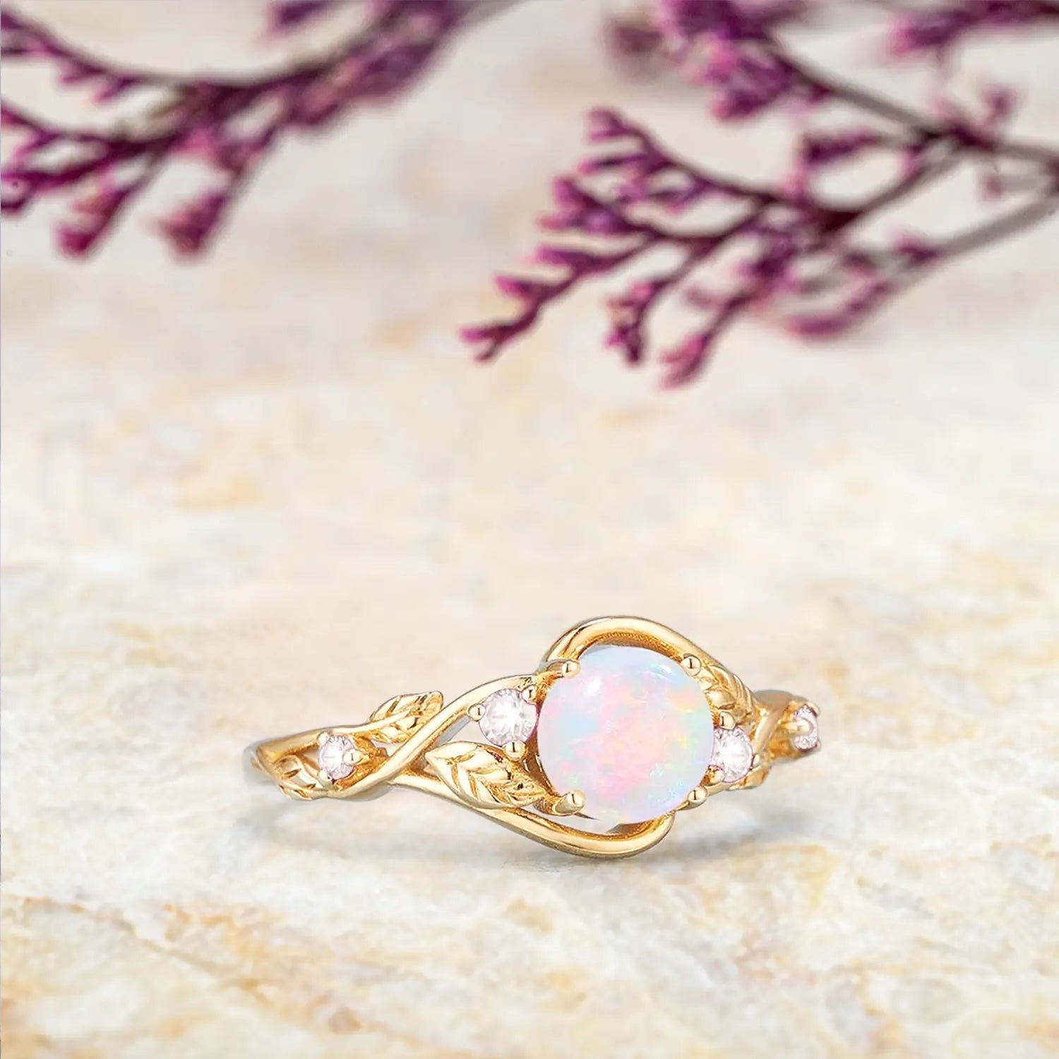 Natural Opal Engagement Ring – Twisted Leaf Ring in Solid Gold | October Birthstone Rings - 18K Yellow Gold