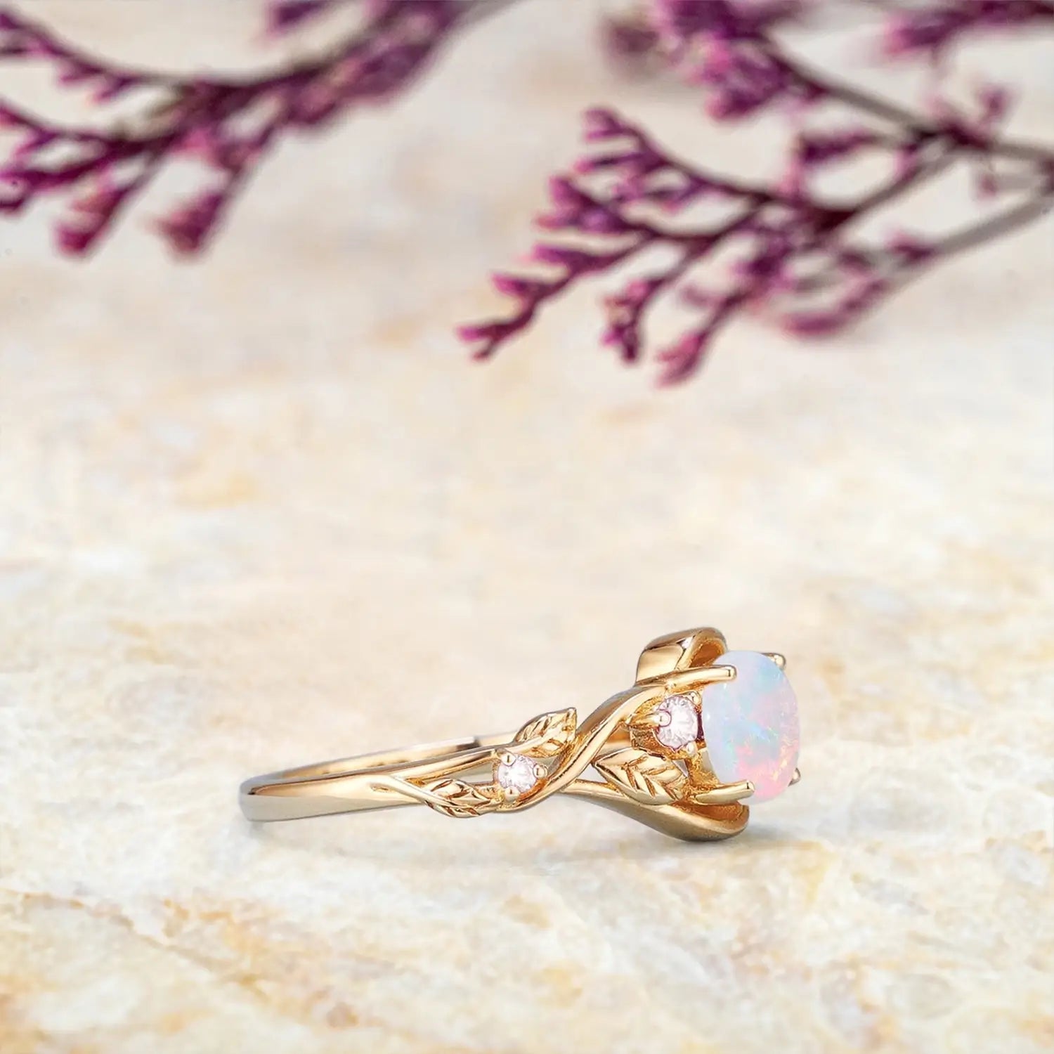 Natural Opal Engagement Ring – Twisted Leaf Ring in Solid Gold | October Birthstone Rings - 18K Yellow Gold