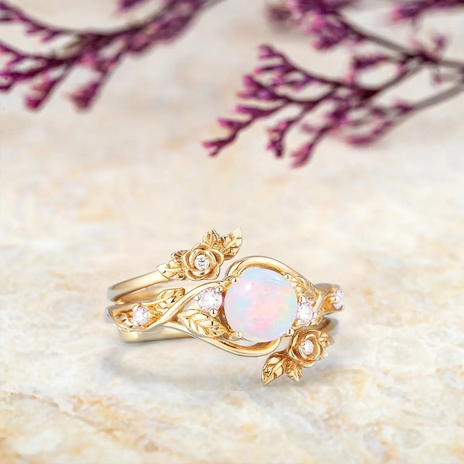 Opal Engagement Ring Set with Rosebud Flower Enhancer | Art Deco Gold October Birthstone Ring yellow gold