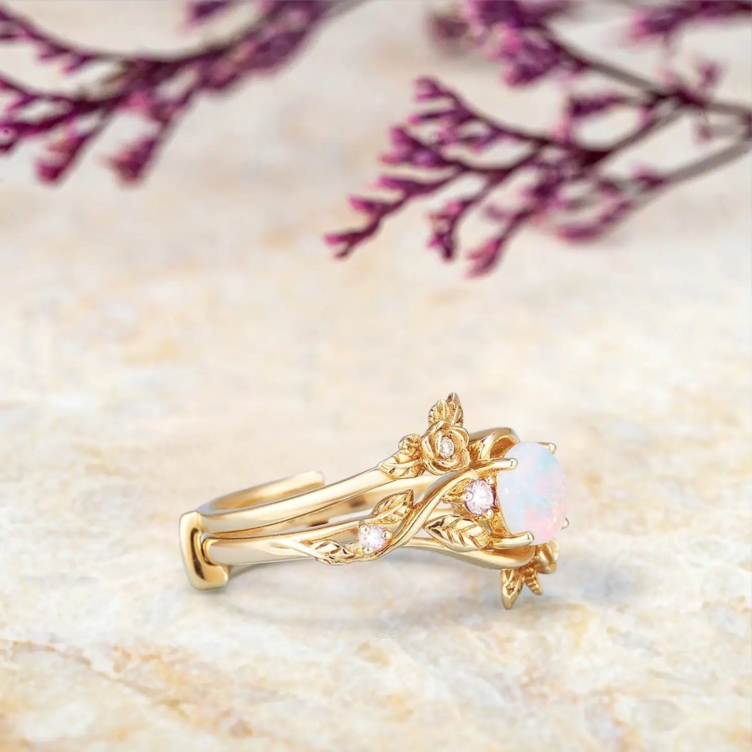 Opal Engagement Ring Set with Rosebud Flower Enhancer | Art Deco Gold October Birthstone Ring yellow gold