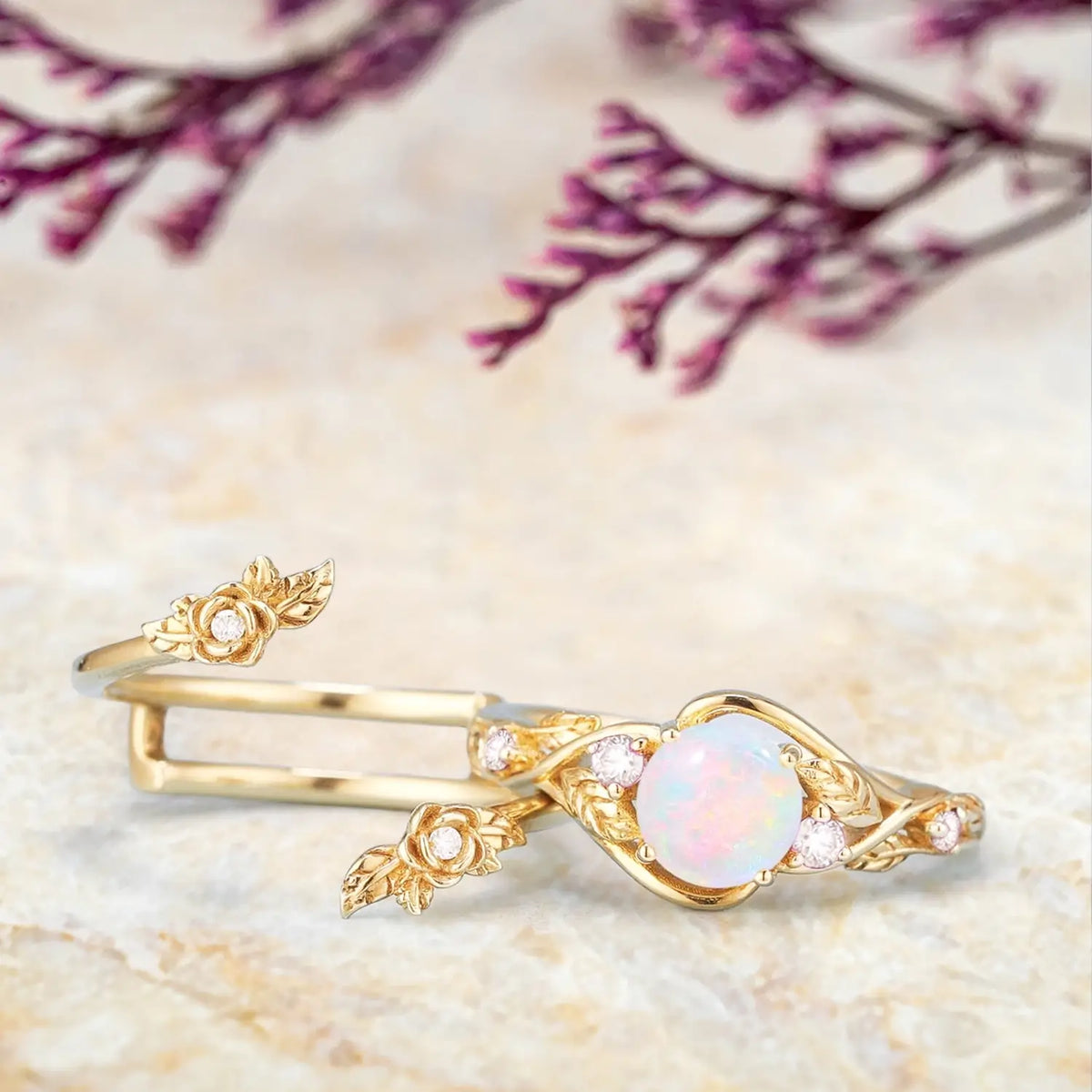 Opal Engagement Ring Set with Rosebud Flower Enhancer | Art Deco Gold October Birthstone Ring yellow gold