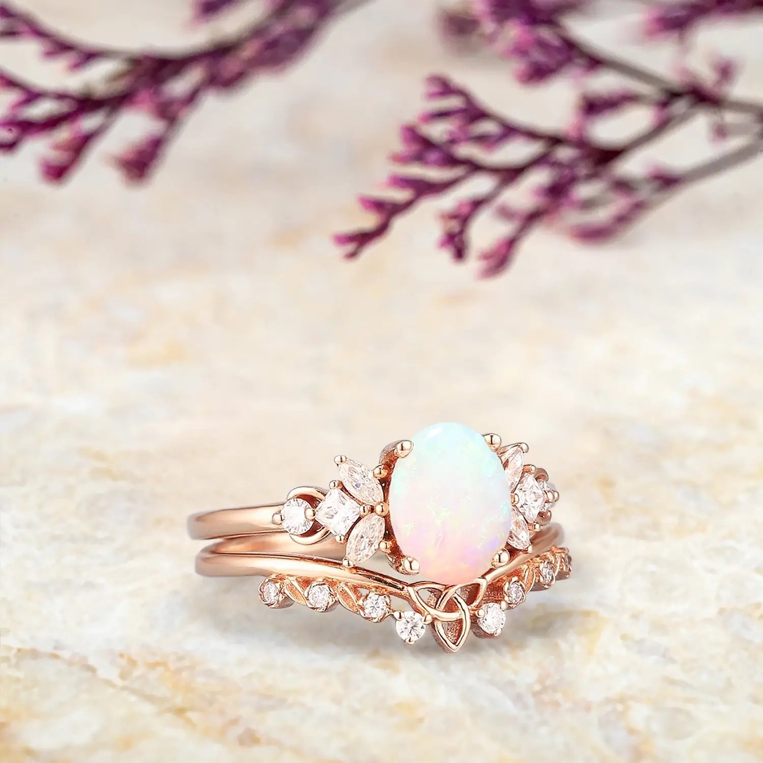 Vintage Oval Opal Engagement Ring Set | Art Deco Celtic Cluster Ring in Solid Gold | October Birthstone Bridal Set